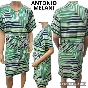 Antonio Melani Jenna Dress Spring Green Navy Geometric Stripe Cinched Size 12